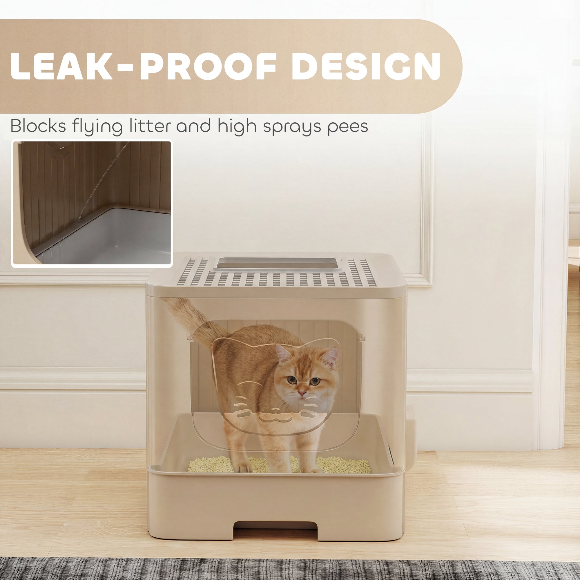 PawHut Cat Litter Box with Lid, Slide-Out Drawer, Scoop, Easy Clean, Odour Control, Anti-Splashing, Khaki 