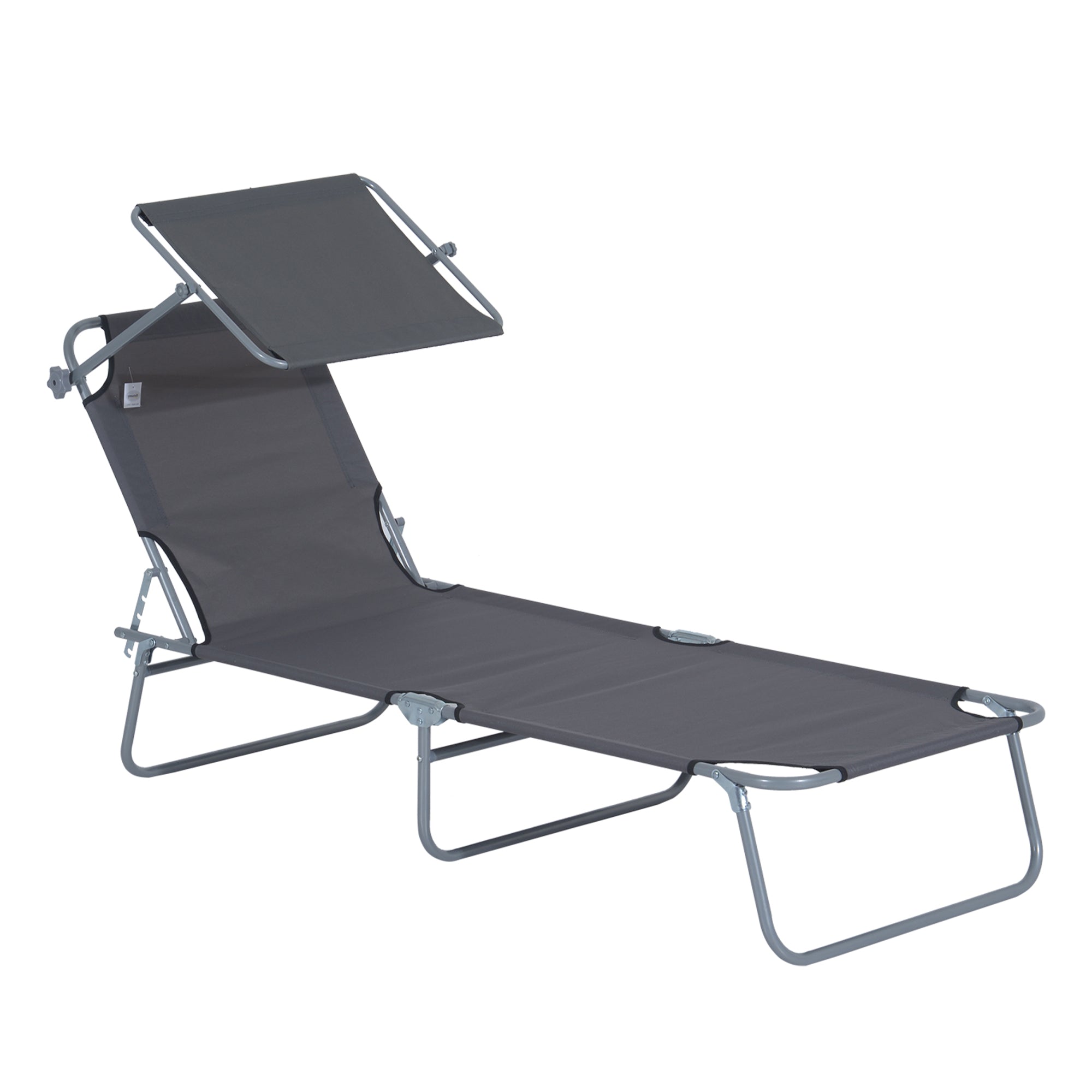 Outsunny Outdoor Foldable Sun Lounger, 4 Level Adjustable Backrest Reclining Sun Lounger Chair with Angle Adjust Sun Shade Awning for Beach, Garden, Patio, Grey 