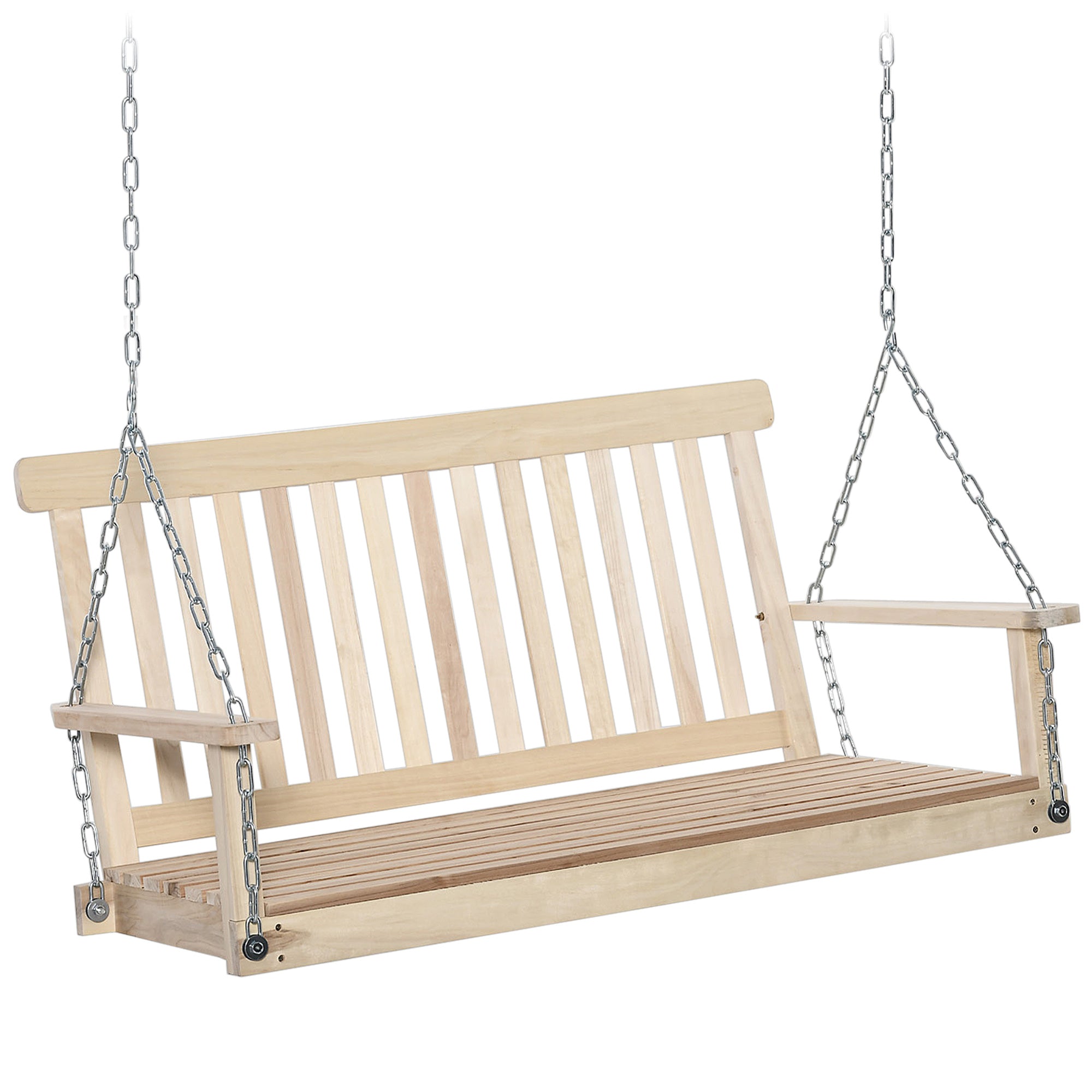 Outsunny Outdoor Wooden Swing Bench 2-Seater Porch Swing Chair Hanging Hammock Garden Furniture, Natural 