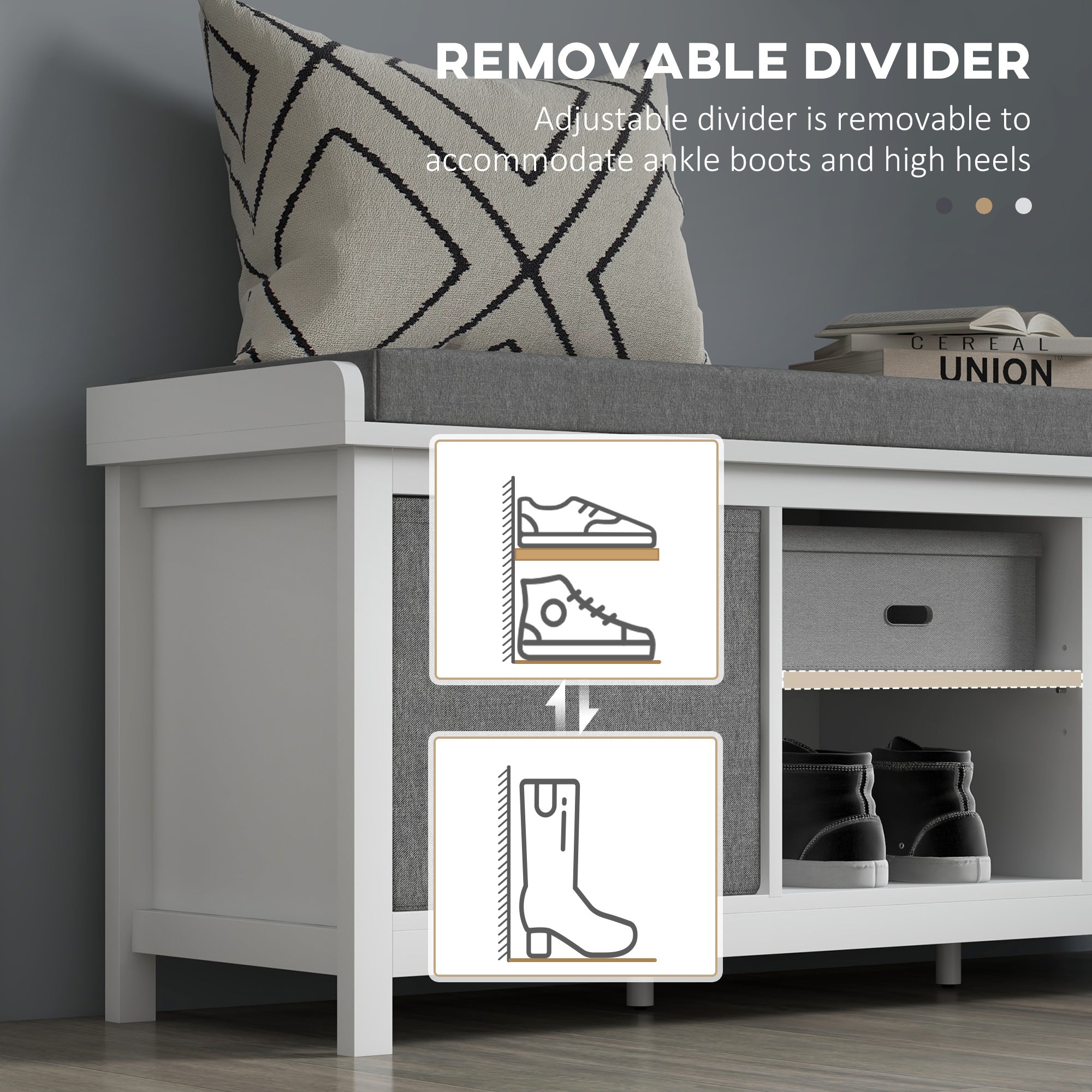 HOMCOM Shoe Storage Bench, with Cushion Seat - White/Grey 