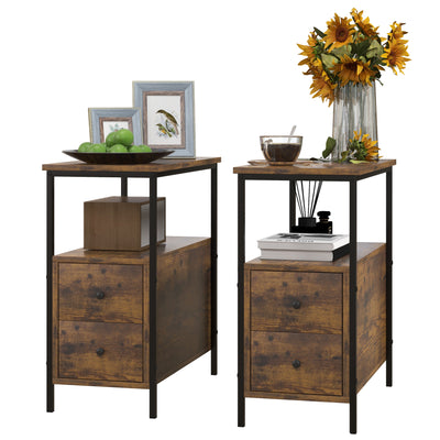 HOMCOM Set of 2 Side Table, Narrow Bedside Table with 2 Drawers and Storage Shelf, Industrial End Table with Metal Frame for Small Spaces, Rustic Brown 