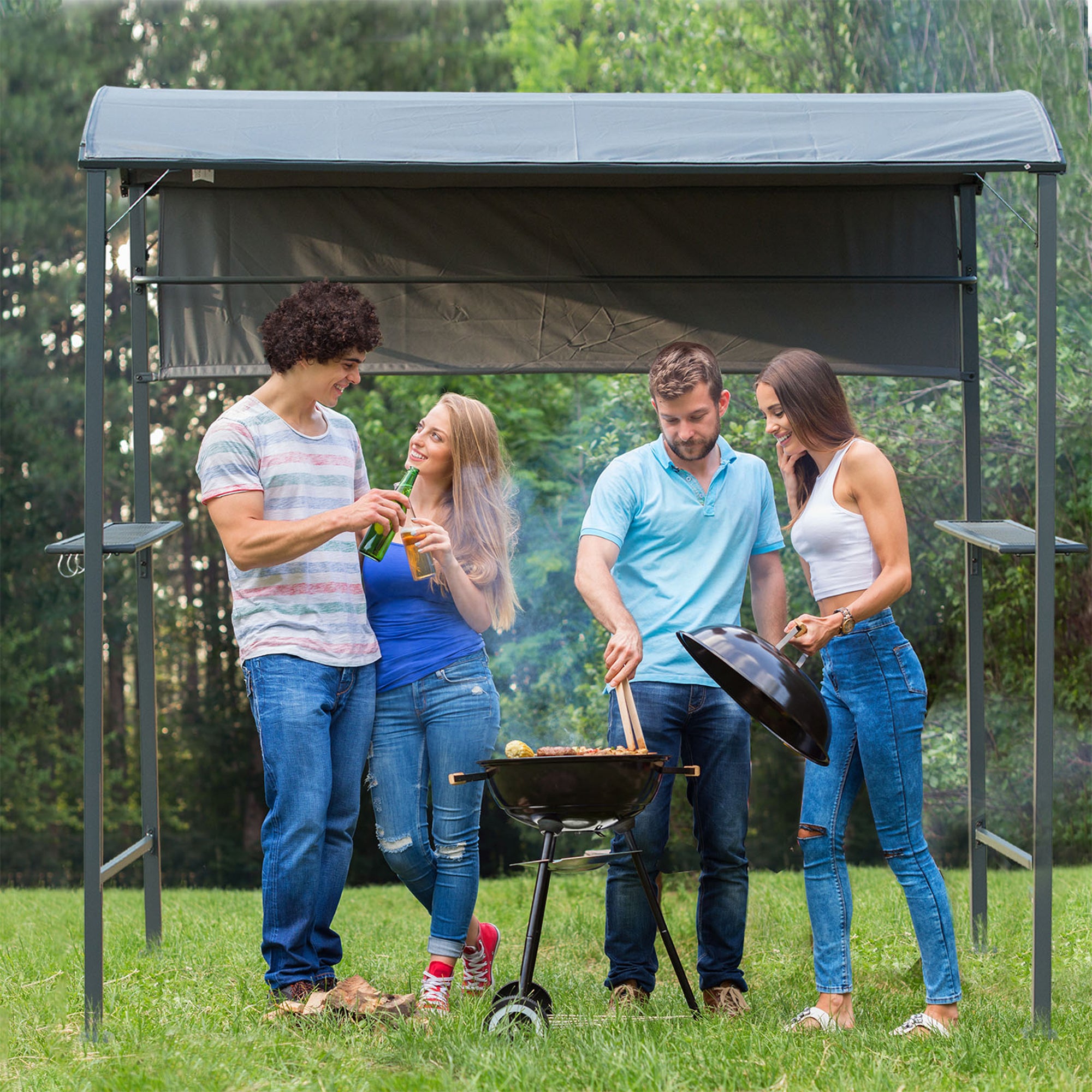 Outsunny 2.2 x 1.4m BBQ Shelter, Outdoor Grill Gazebo Canopy with Shelves, Hanging Hooks, and Metal Frame, for Garden Patio Backyard 
