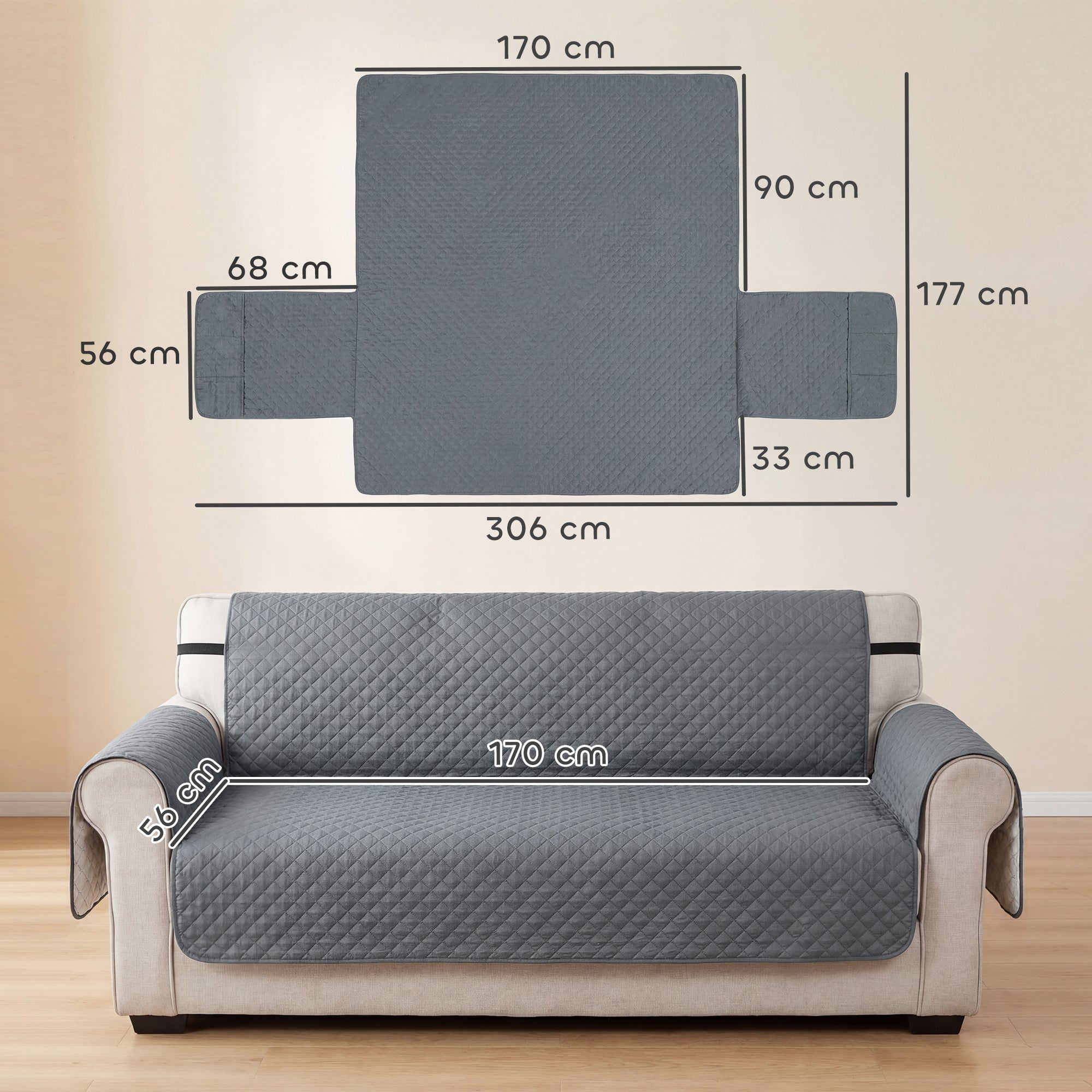 PawHut Waterproof Sofa Cover 3 Seater, Soft Couch Cover for Dogs Cats Pets, Non Slip Sofa Slipcoevr with Elastic Straps 