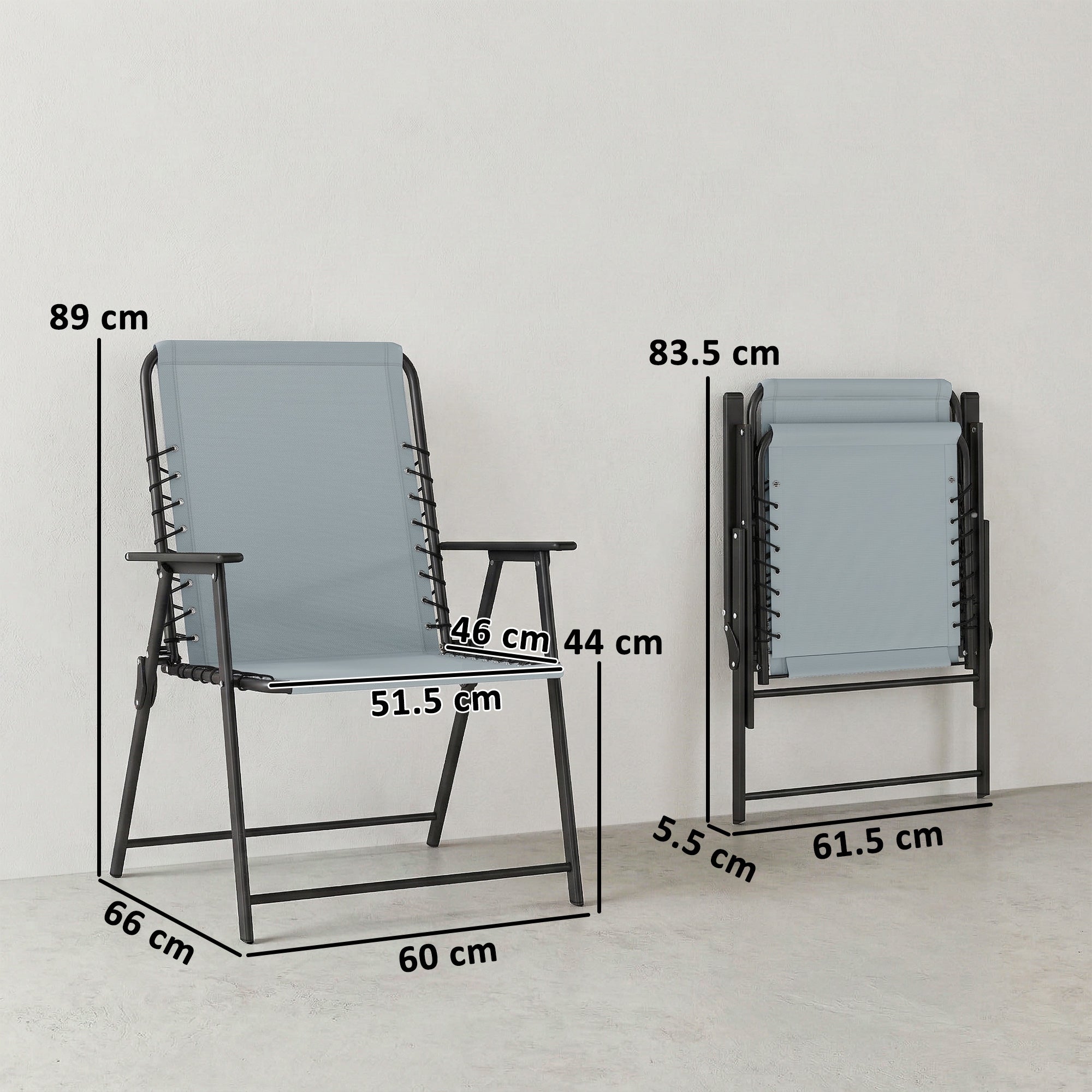 Outsunny Folding Garden Chairs Set of 2, Outdoor Dining Chairs with Wide Texteline Seat, High Back and Armrests, Light Grey 