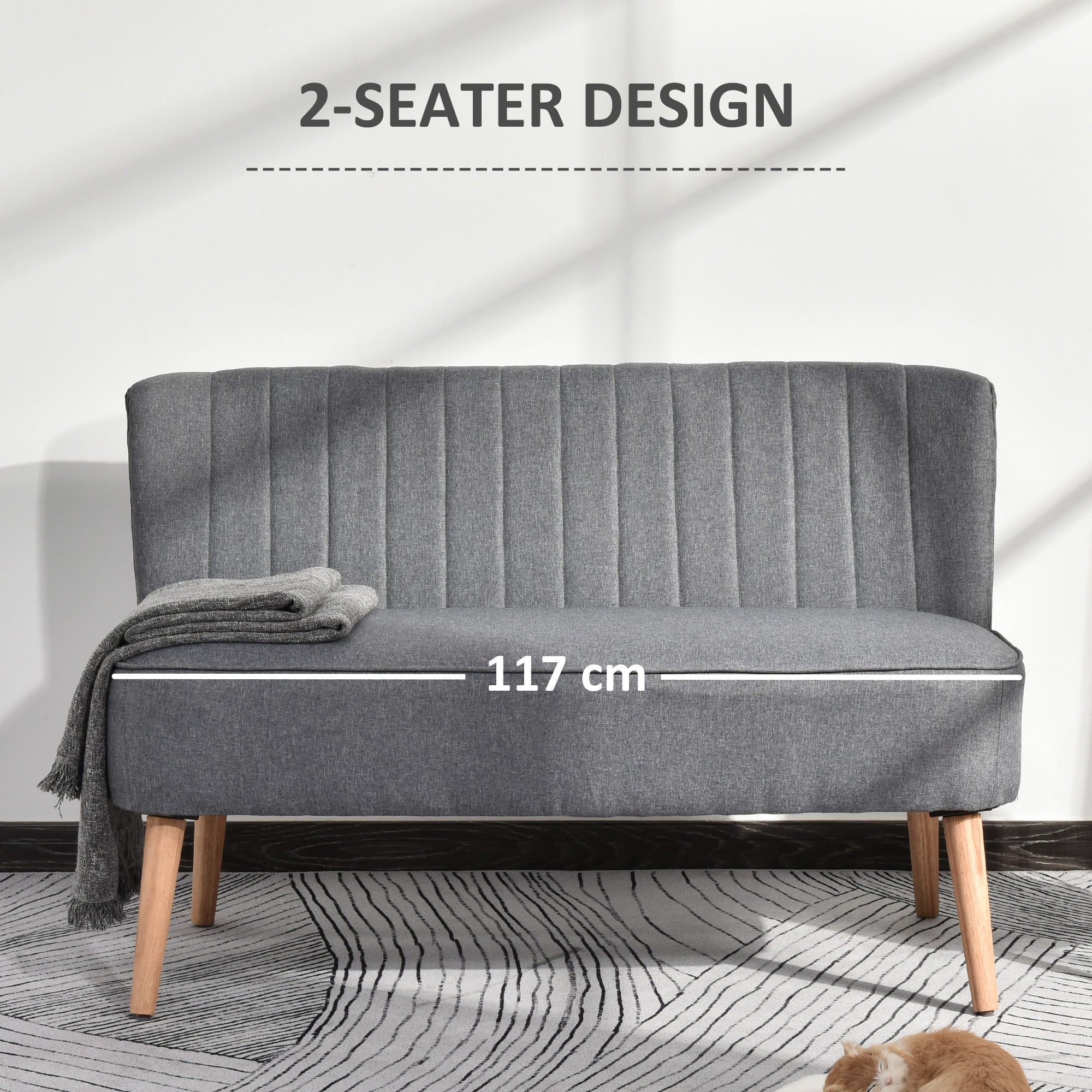 HOMCOM Modern Double Seat Sofa Loveseat Couch 2 Seater Compact Sofa Padded Linen Wood Leg Grey 
