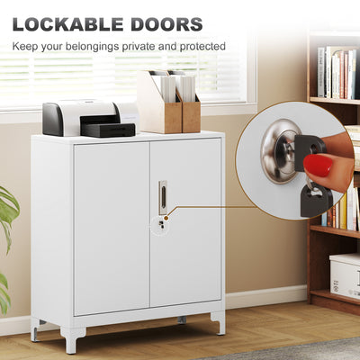 HOMCOM Lockable Metal Filing Cabinet, 2-Tier Storage Cupboard with Double Doors, Modern Office Organiser, White 
