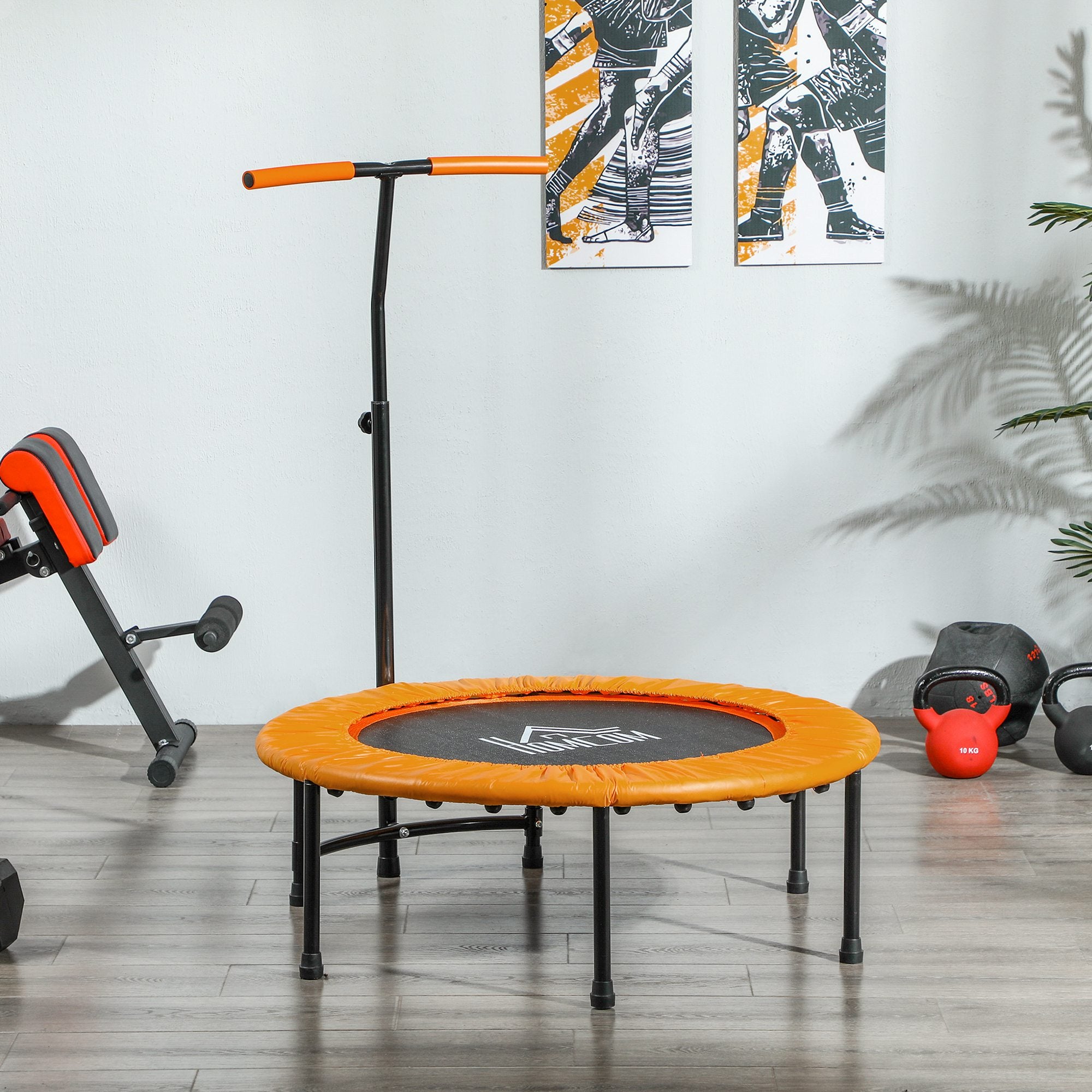 HOMCOM 40" Fitness Trampoline with Adjustable Handle, Rebounder Trampoline Mini Jumper for Indoor Exercise Workout, Support Up to 100kg, Orange 