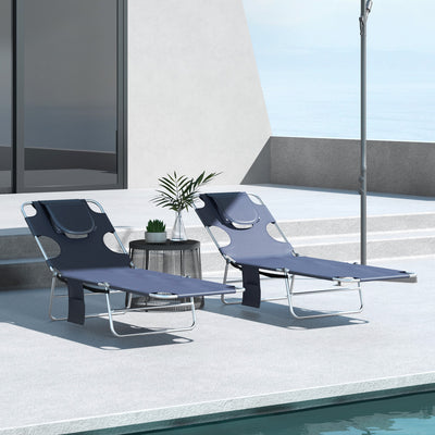 Outsunny Foldable Sun Lounger Set of 2 with Reading Hole, Portable Sun Lounger with 5 Level Adjustable Backrest, Reclining Lounge Chair with Side Pocket, Headrest Pillow, Grey 
