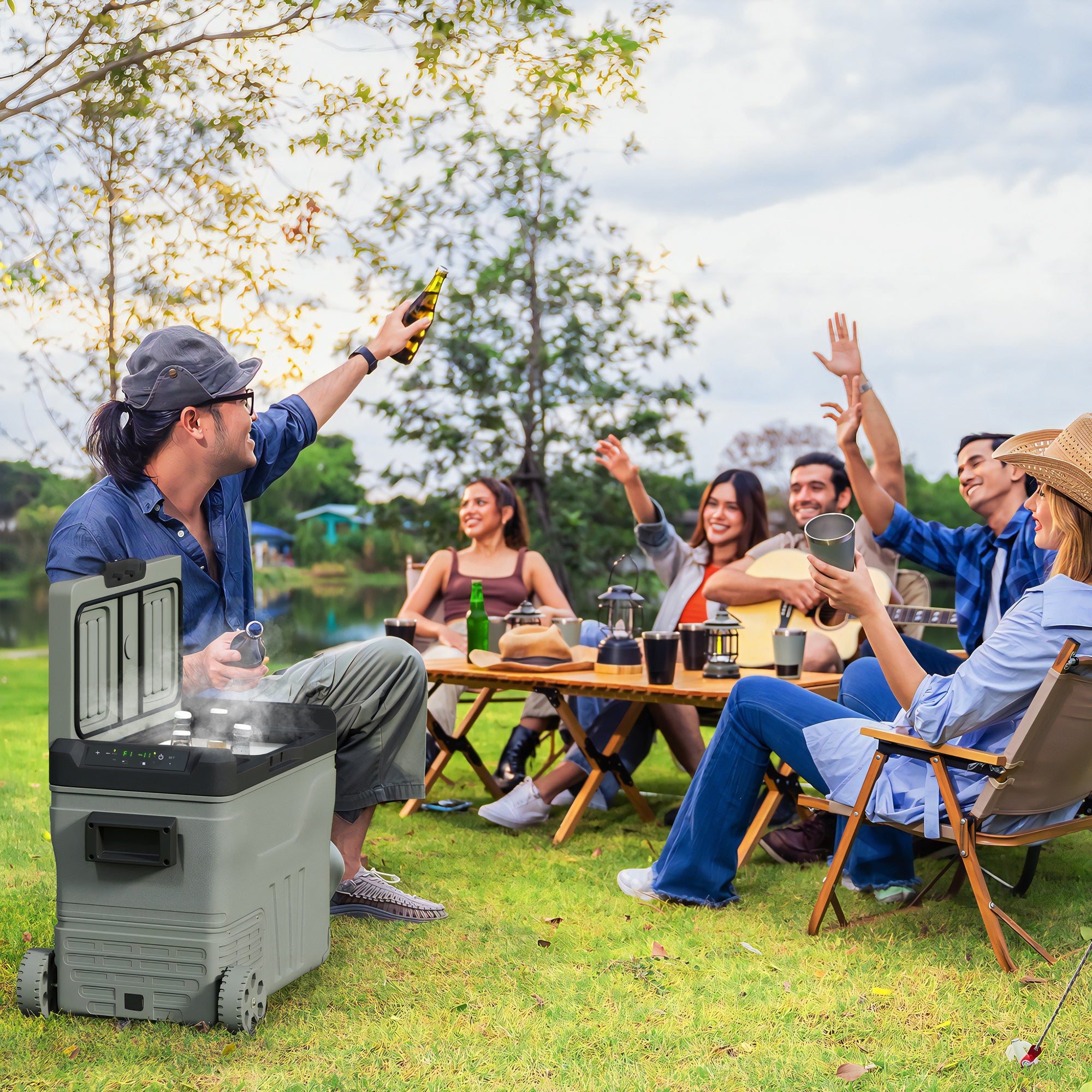 Outsunny 45L Camping Fridge Freezer Dual Zone, Portable Car Fridge 12V/24V DC & 100-240V AC, Electric Cool Box -20℃-20℃ with Wheels and LED Light, for Travel, RV, Road Trip, Picnic