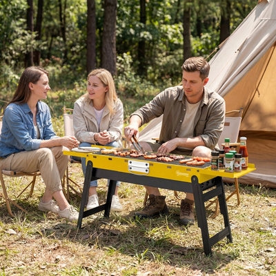 Outsunny Portable BBQ Grill, Foldable Charcoal Grill for Camping and Picnics with 2 Side Shelves and Handle, Yellow 