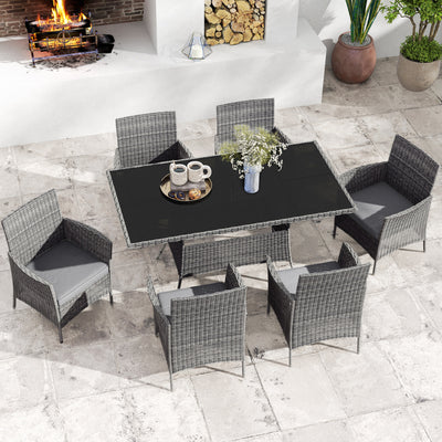 Outsunny 7-Piece Rattan Garden Furniture Set with Cushions, 6 Seater Garden Table and Chairs, Rattan Dining Set with 6 Armchairs, Rectangular Glass Top Table, Charcoal Grey 