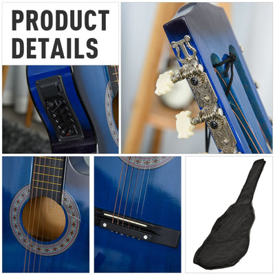 HOMCOM 38 Inch Full Size Blue Classical Acoustic Electric Guitar Kids Guitar and Junior Guitar   Premium Gloss Finish w/Case - Blue 