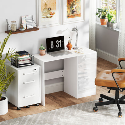 HOMCOM Computer Desk with Drawers, Dressing Table, High Gloss Home Office Writing Workstation, White 