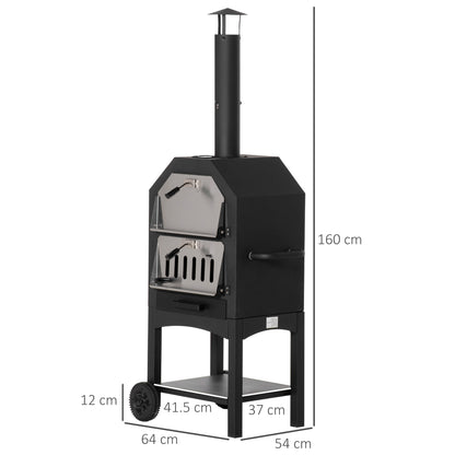 Outsunny Outdoor Garden Pizza Oven Charcoal BBQ Grill 3-Tier Freestanding w/ Chimney, Mesh Shelf, Thermometer Handles, Wheels Garden Party Gathering Stainless Steel Cooker 