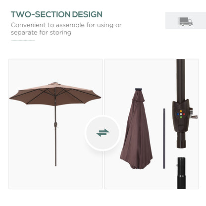 Outsunny Φ2.7m Garden 24 LED Light Parasol Solar Outdoor Tilt Sun Umbrella Patio Club Party Event Manual Sun Shade w/ Hand Crank and 8 Ribs, Brown