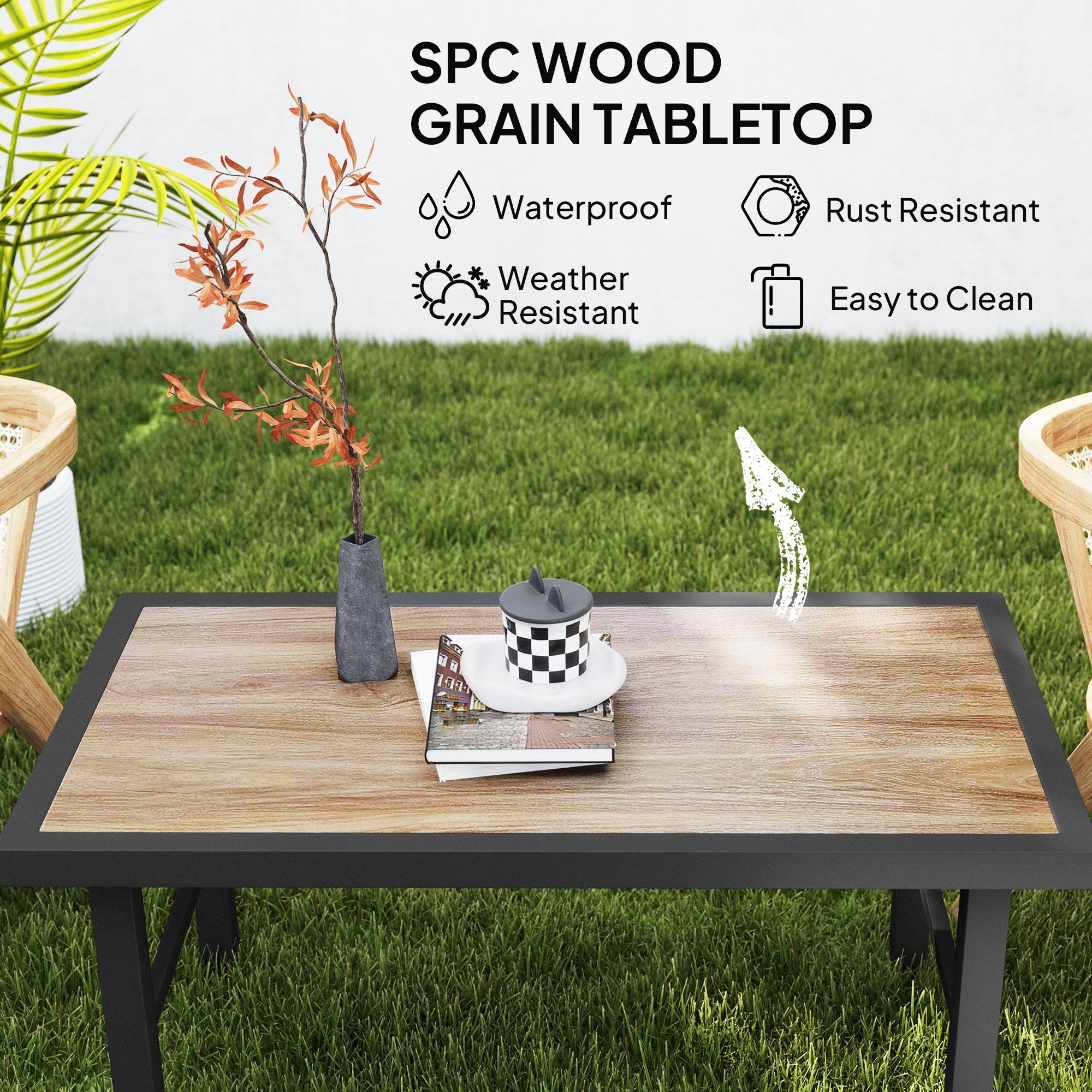 Outsunny Metal Garden Coffee Table, Outdoor Side Table with SPC Woodgrain Tabletop for Outside, Garden, Balcony, Porch, 100 x 53 x 46cm, Brown Wood Effect 