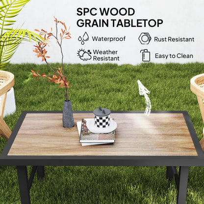 Outsunny Metal Garden Coffee Table, Outdoor Side Table with SPC Woodgrain Tabletop for Outside, Garden, Balcony, Porch, 100 x 53 x 46cm, Brown Wood Effect 