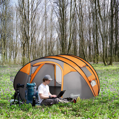 Outsunny 4-5 Person Pop-up Camping Tent Family Tent w/ 2 Mesh Windows & PVC Windows Portable Carry Bag for Outdoor Trip, Orange 