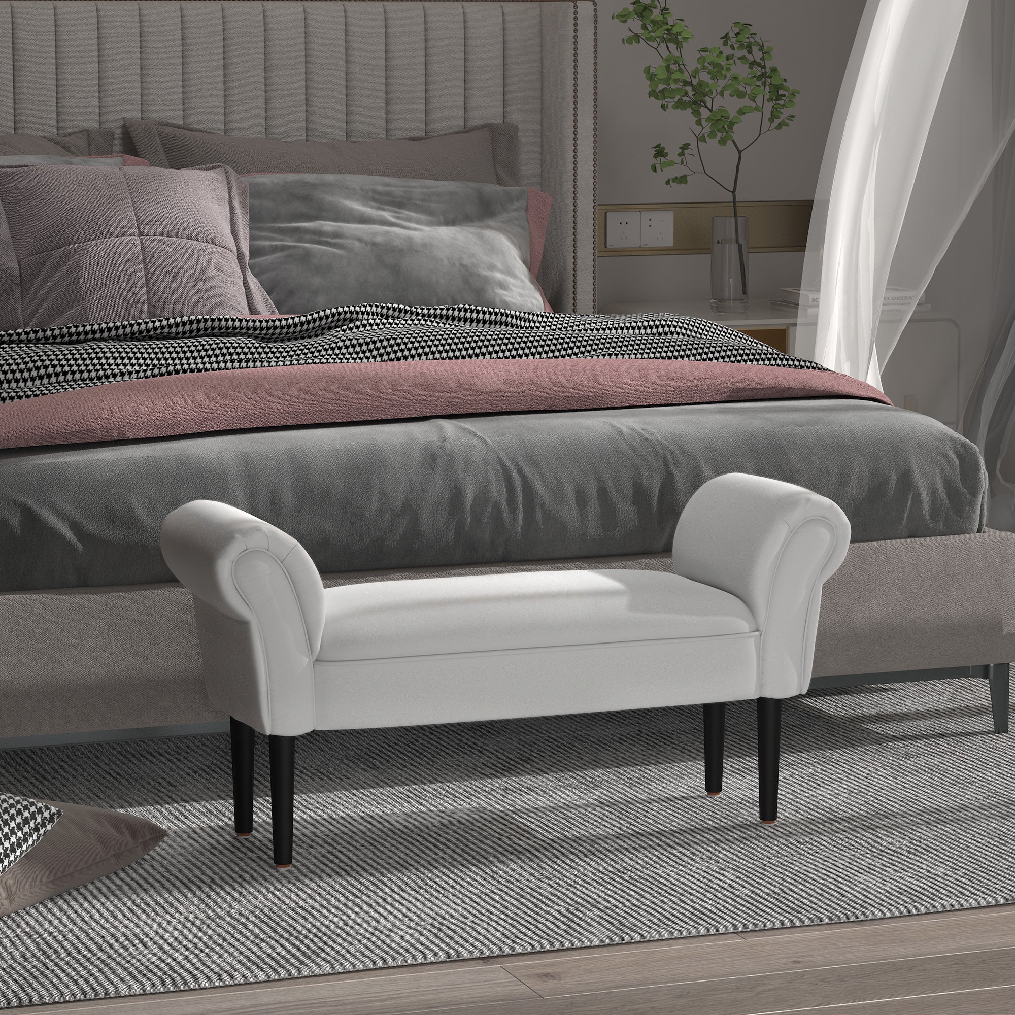 HOMCOM Small-sized Bed End Side Chaise Lounge Sofa Window Seat Arm Bench Wooden Leg Fabric Cover (Grey) 