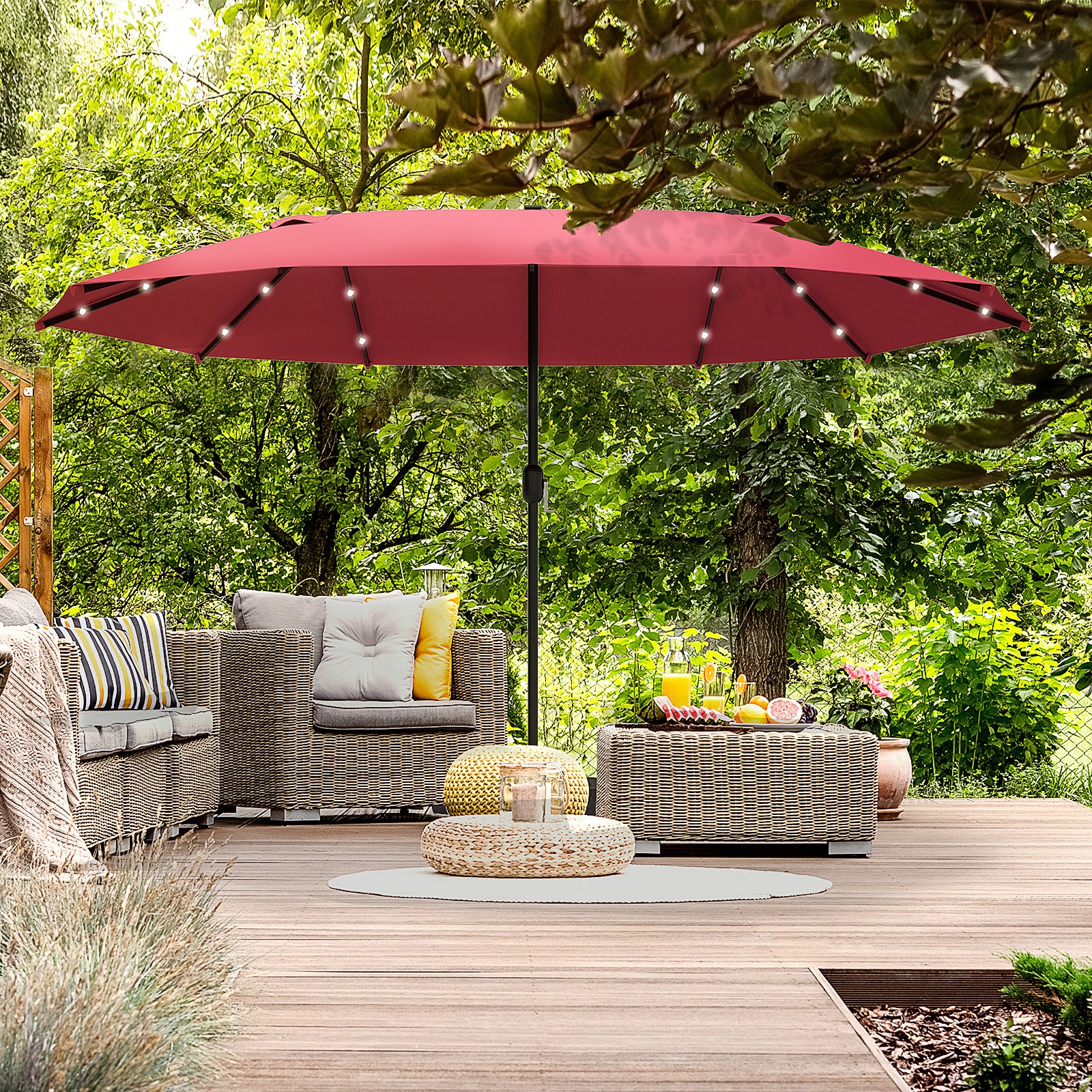 Outsunny 4.4m Double-Sided Sun Umbrella Patio Parasol LED Solar Lights Red 