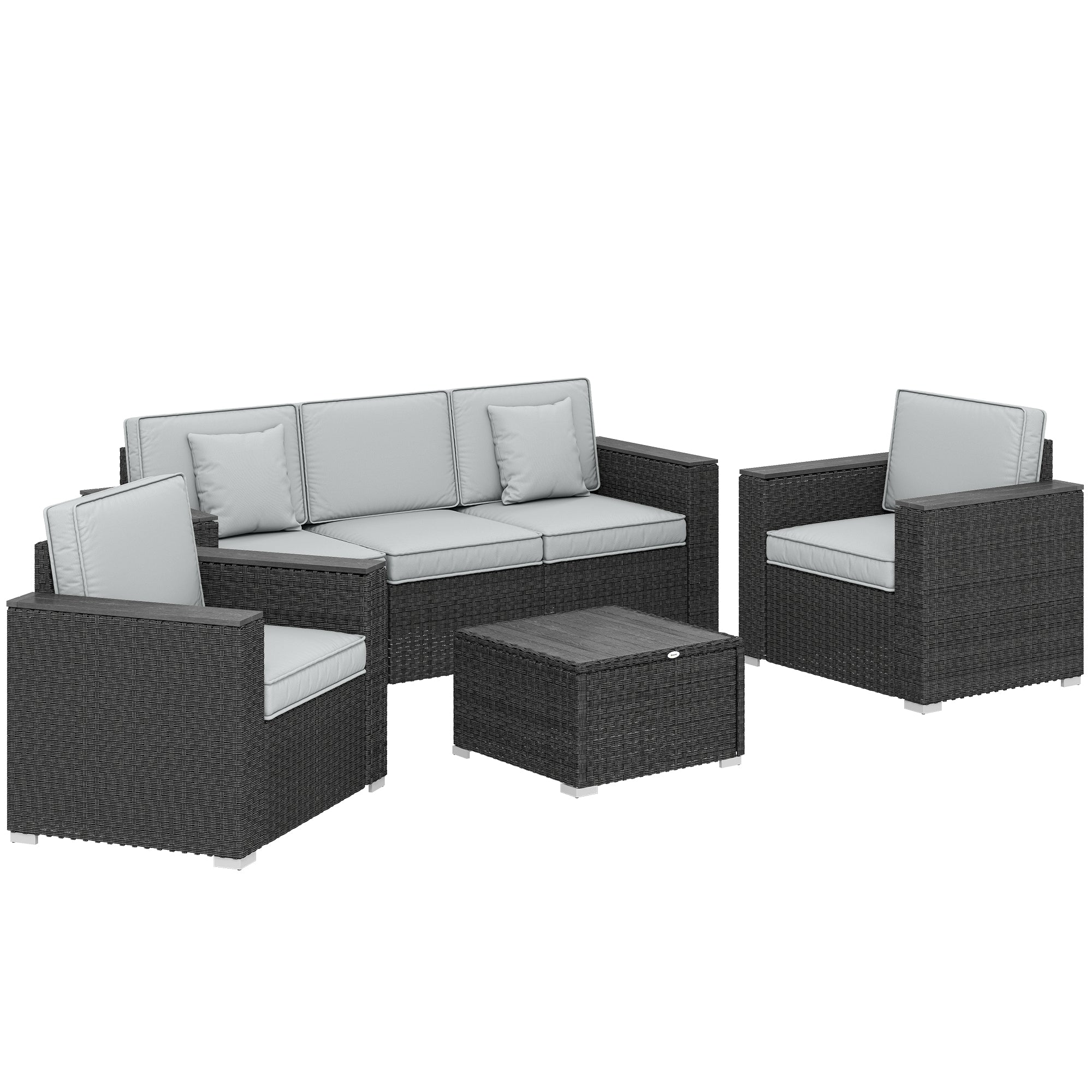 Outsunny 5 Seater Rattan Garden Furniture Set with Wide Armrests, Cushions, Pillows for Patio, Dark Grey 