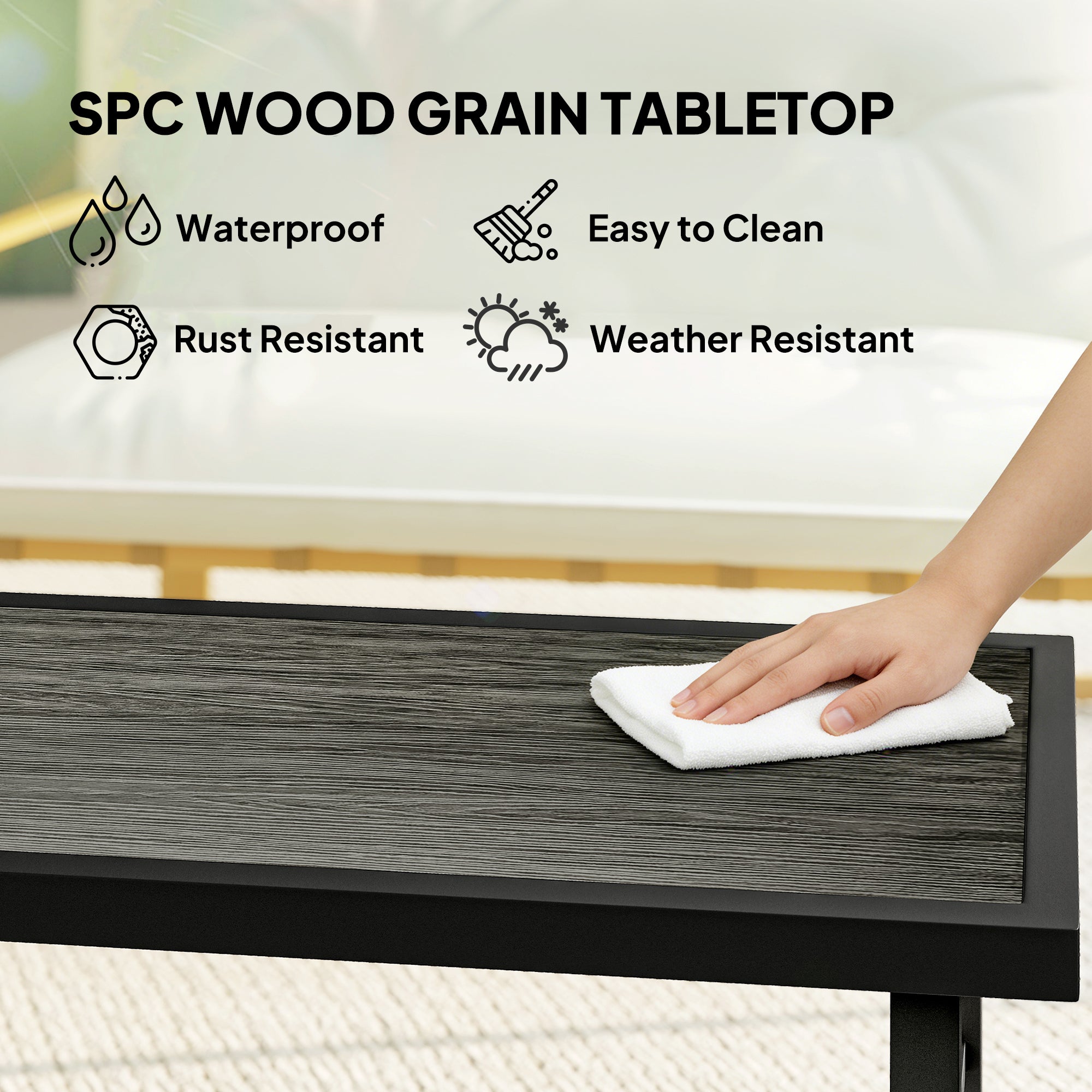 Outsunny Metal Garden Coffee Table, Outdoor Side Table with SPC Woodgrain Tabletop for Outside, 100 x 52 x 46cm, Dark Grey 