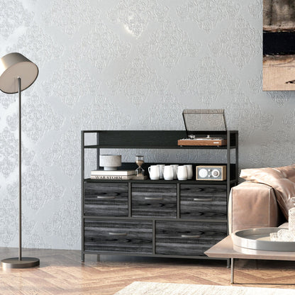 HOMCOM Rustic Chest of Five Fabric Drawers - Black 