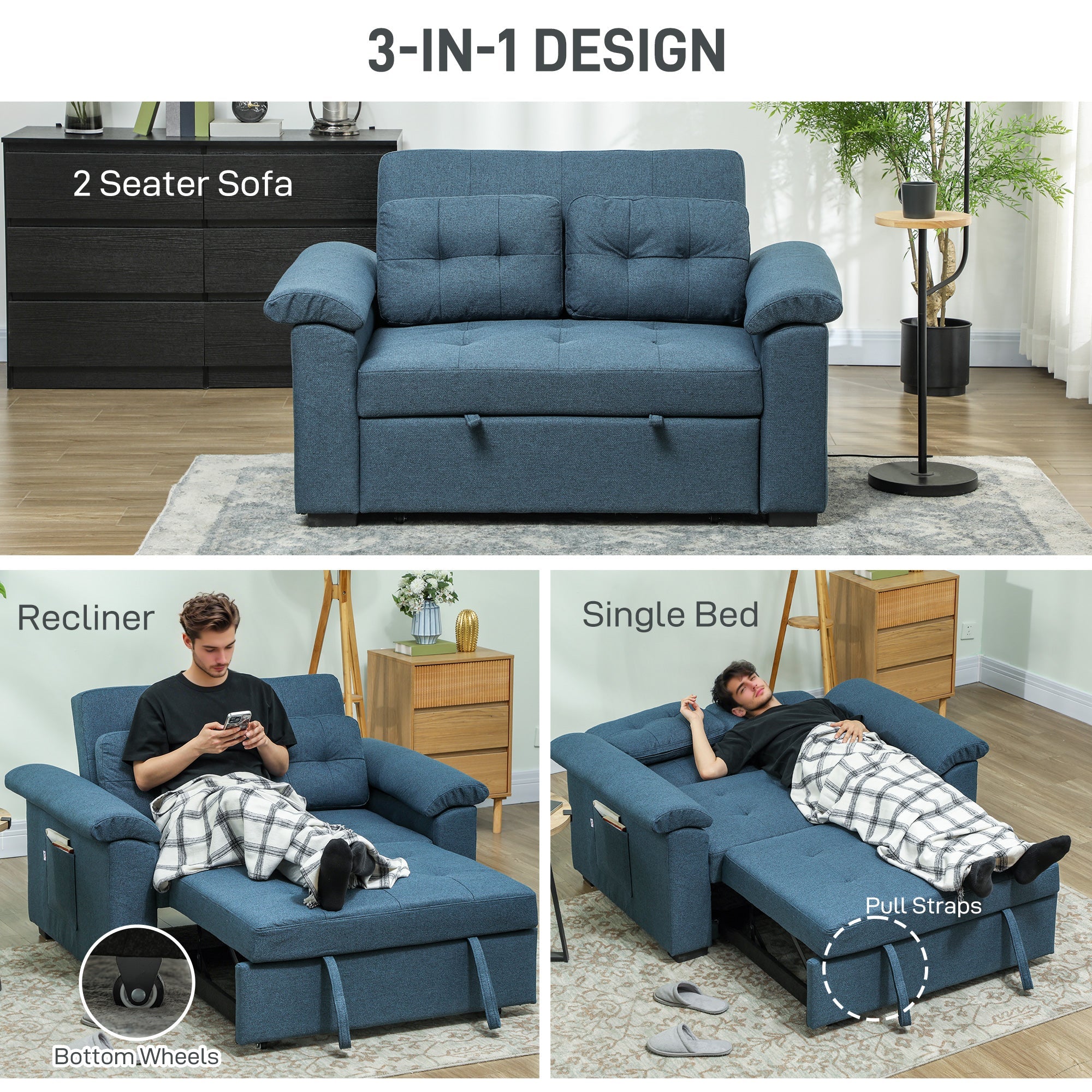 HOMCOM Pull Out Sofa Bed with 2 Pocket Springs, Fabric 2 Seater Click Clack Sofa Bed Settee, Convertible Sofa Couch with Pillows and Side Pockets for Living Room, Home Office, Blue 