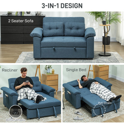 HOMCOM Pull Out Sofa Bed with 2 Pocket Springs, Fabric 2 Seater Click Clack Sofa Bed Settee, Convertible Sofa Couch with Pillows and Side Pockets for Living Room, Home Office, Blue 