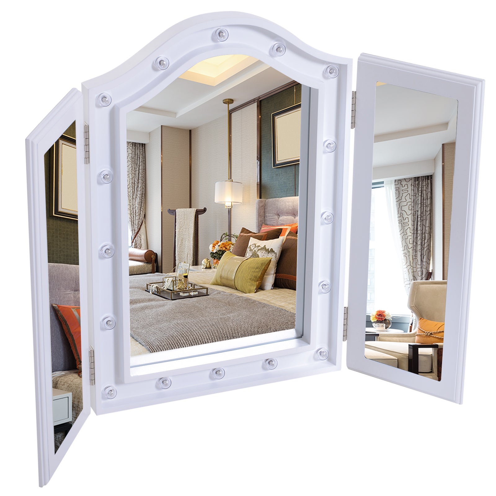 HOMCOM Trifold Freestanding Mirror, Lighted Tabletop Vanity Mirror Large Cosmetic w/16 LED Lights powered by batteries Foldable For Bedroom- White 