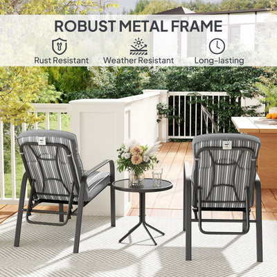 Outsunny 3-Piece Patio Bistro Set, 5-Position Adjustable Recliner Garden Chairs and Tempered Glass Table, Garden Furniture Set with Cushions, High Back, Armrests, Metal Frame for Balcony Patio, Grey 