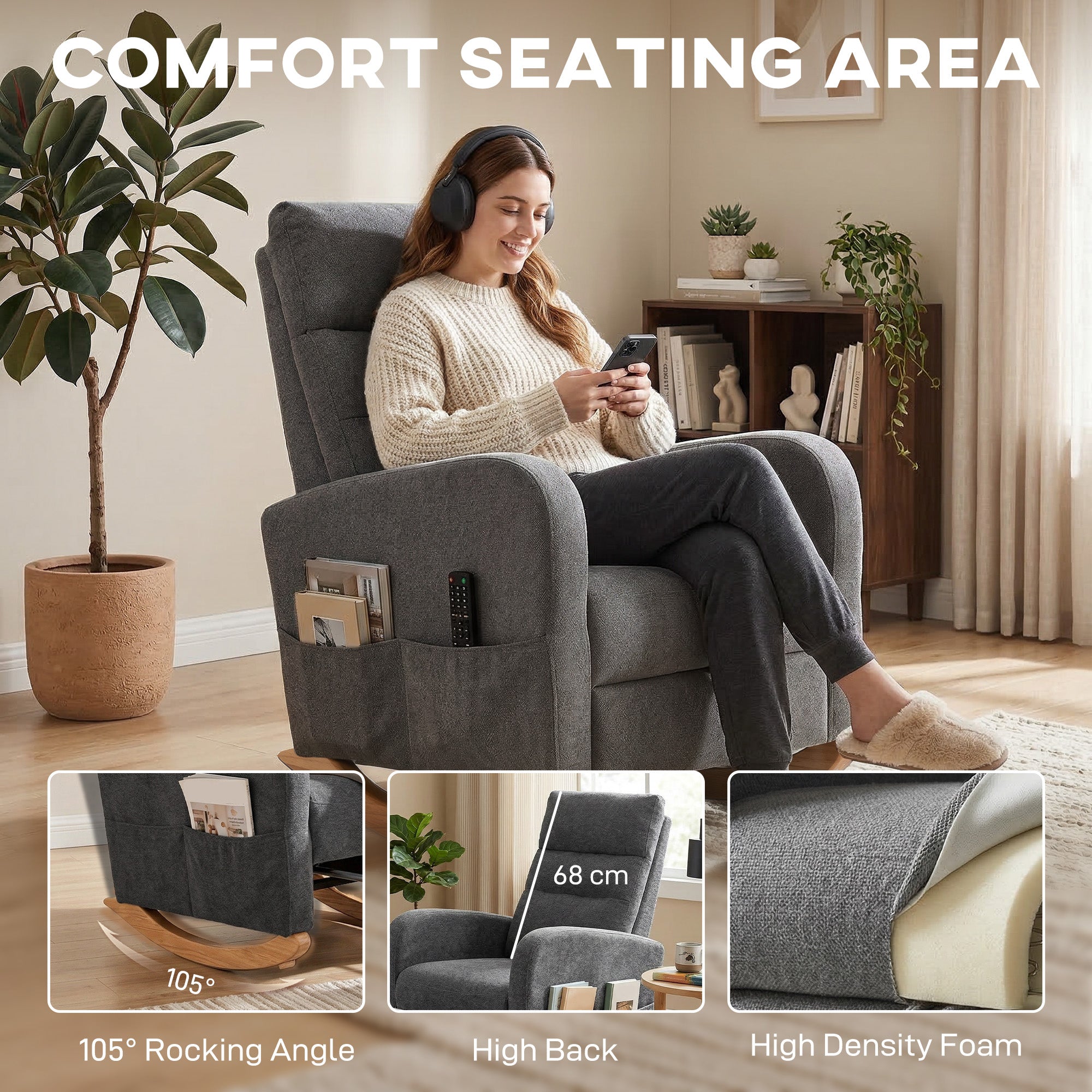 HOMCOM Upholstered Rocking Chair Retractable Footrest Rocker Chair High Back for Living Room Grey 