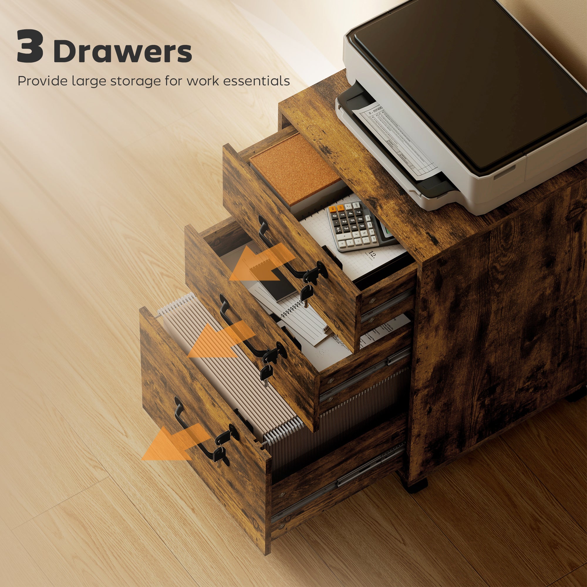 HOMCOM Three Drawer Wood-Effect Filing Cabinet - Rustic Brown 