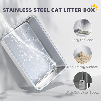 PawHut Stainless Steel Cat Litter Tray, Extra Large Enclosed Litter Box with Scoop, Top Entrance, Non-slip Pads, Dark Grey 