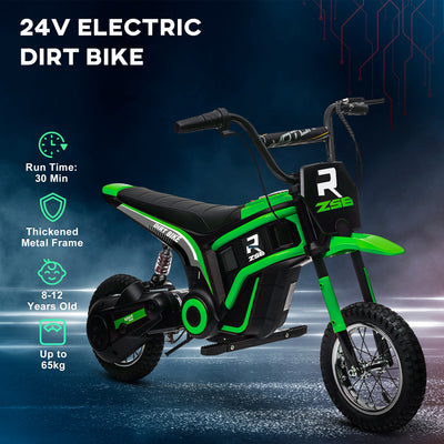 HOMCOM 24V Electric Motorbike with Twist Grip Throttle, Music, Horn, 12" Pneumatic Tyres, 16km/h Max Speed - Green 