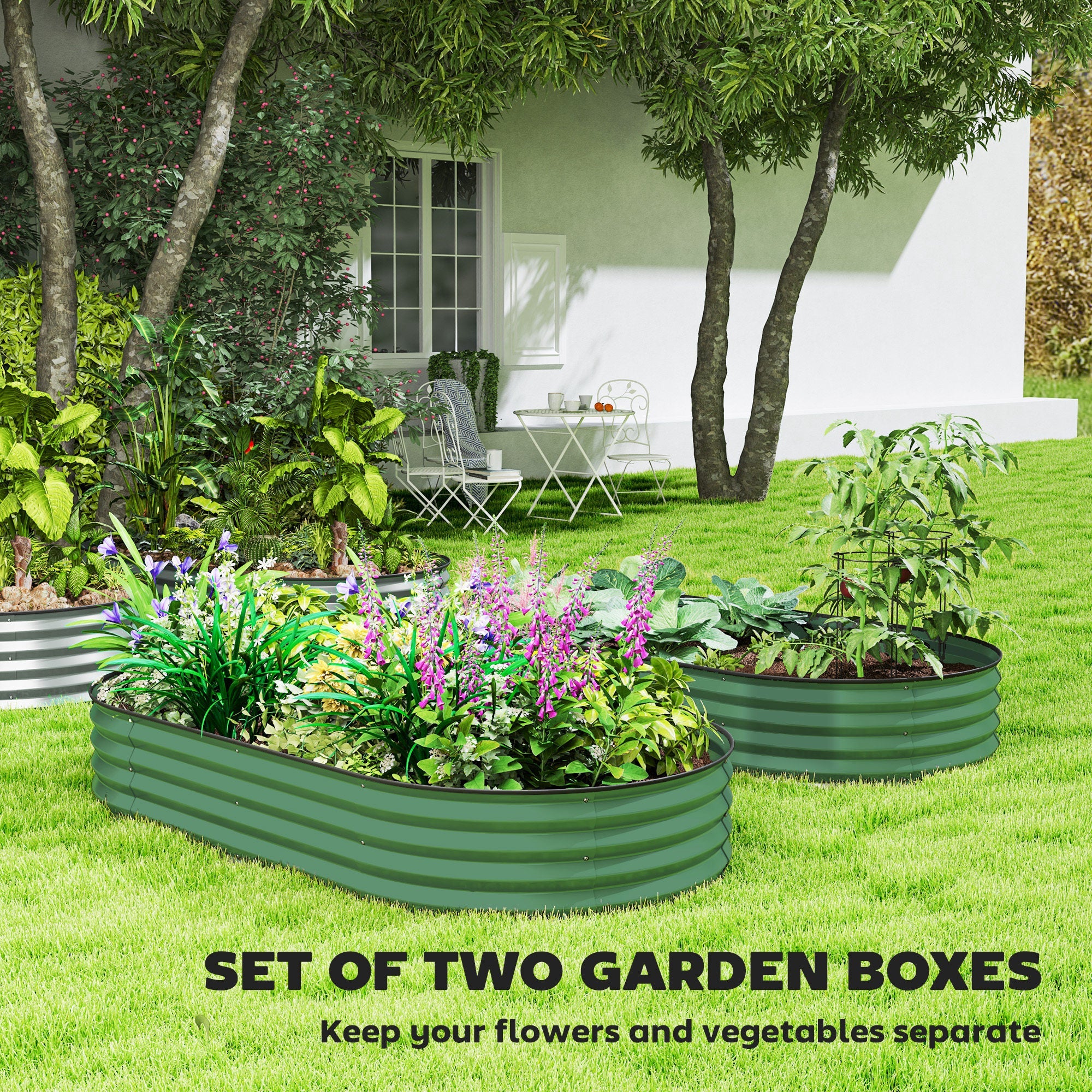 Outsunny Set of Two 181 x 93cm Steel Planters - Green 