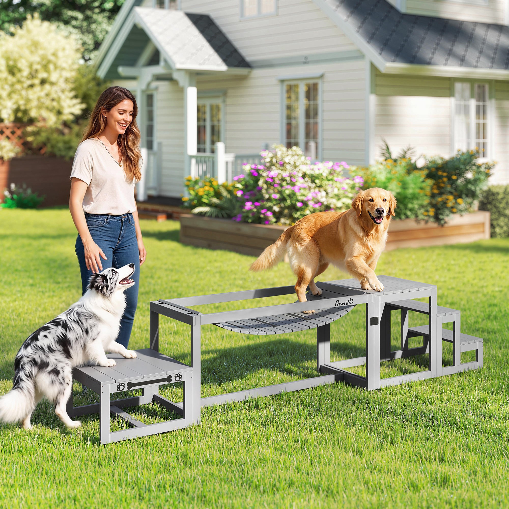 PawHut 3 Pieces Wooden Dog Agility Training Equipment with Soft Bridge, Pause Platform and Pet Stair for Outdoor, Grey 