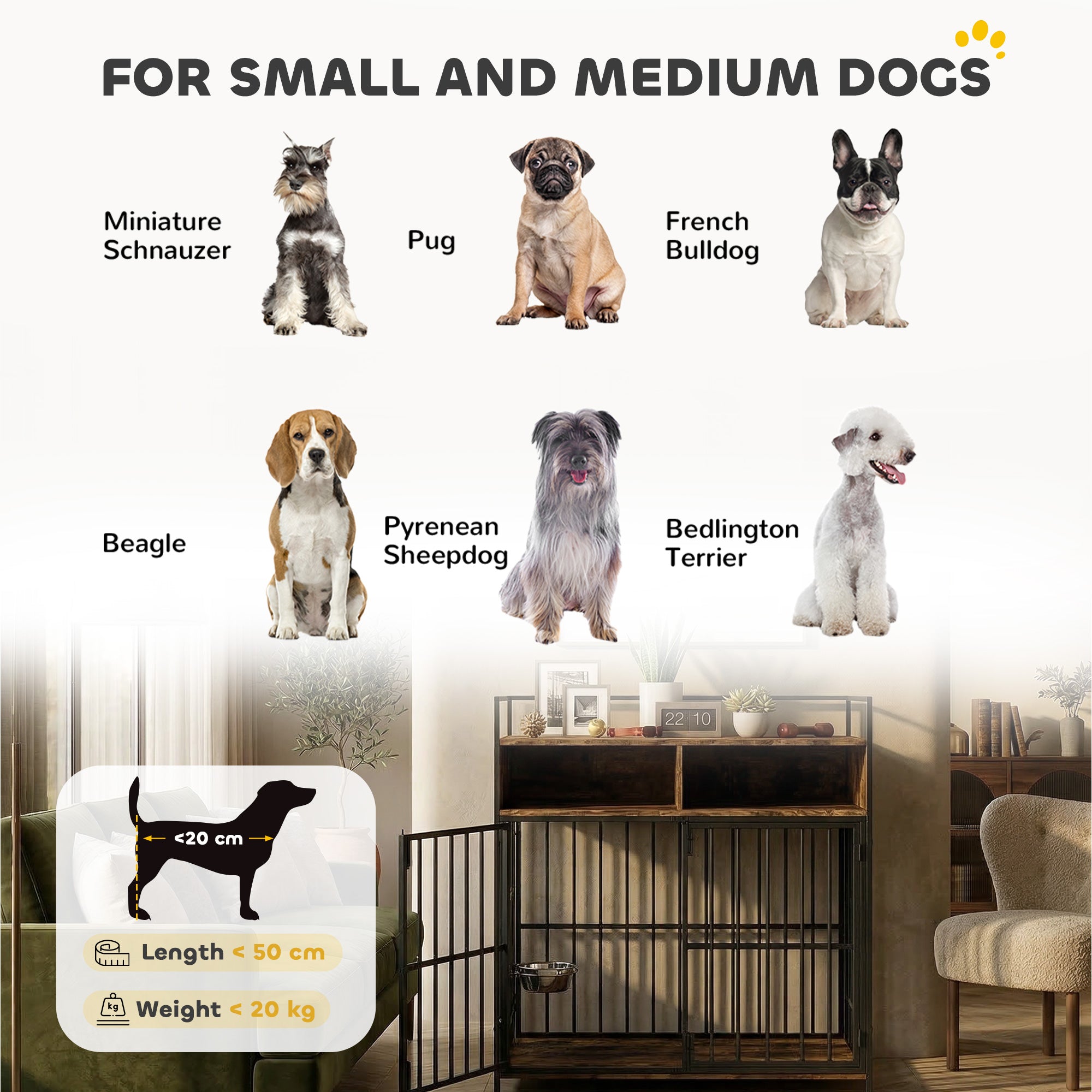 PawHut Dog Crate Furniture, Dog Cage with Rotatable Feeding Station and Storage Shelves, End Side Table Indoor Pet Kenne 