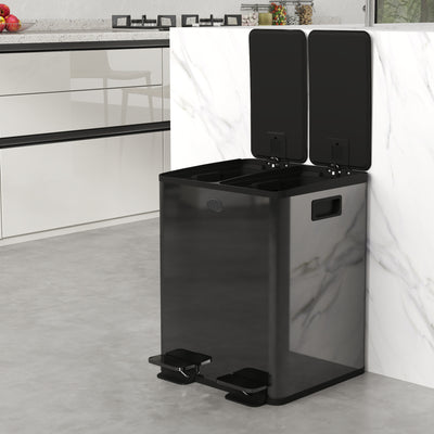 HOMCOM 40L Dual Compartment Stainless Steel Bin, with Deodoriser Holders - Black 