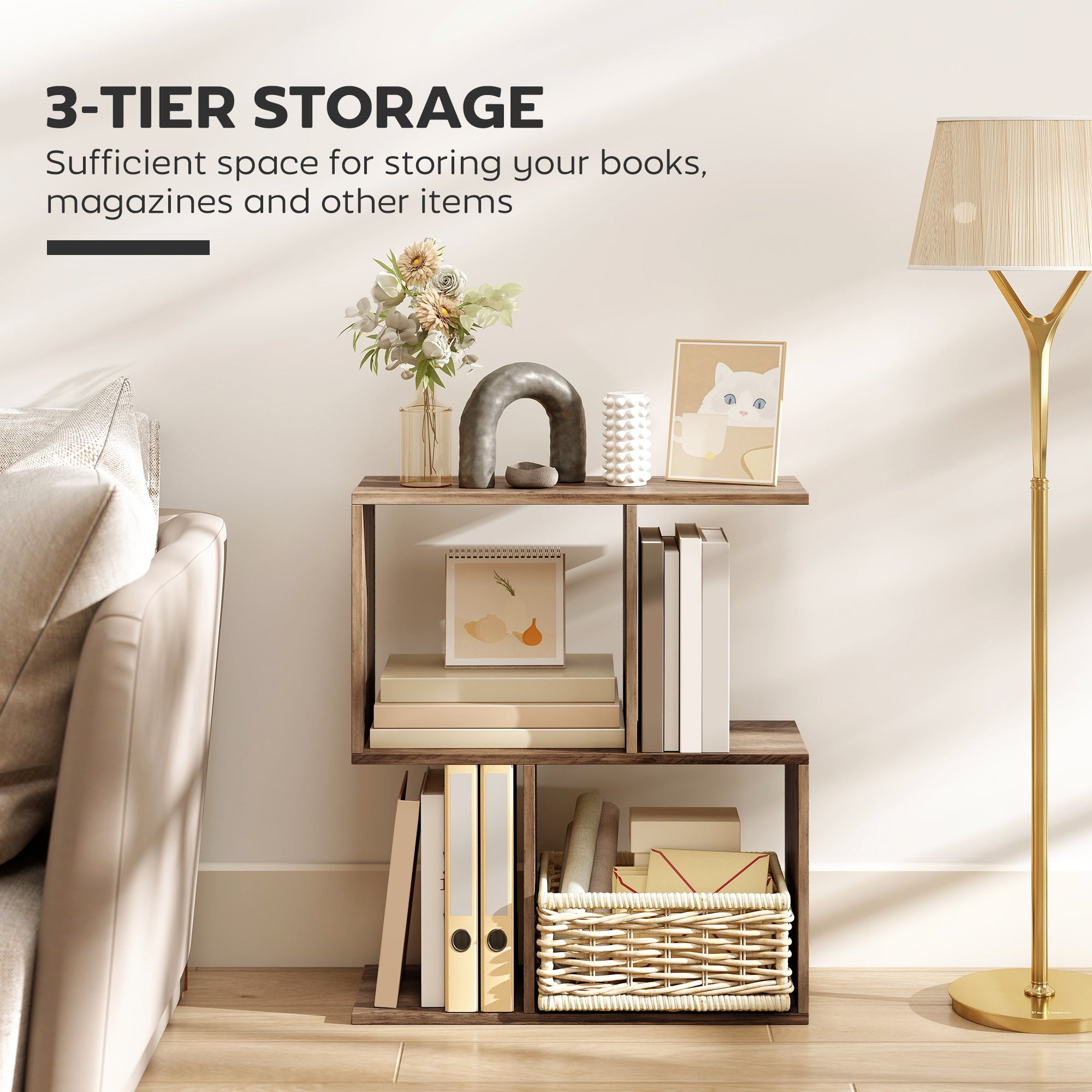 HOMCOM Side Table, Narrow End Table with Storage Shelves, S-Shaped, 3-Tier, 50W x 19.5D x 58H cm, Oak 