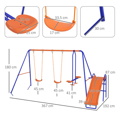 Outsunny Four-In-One Metal Garden Swing Set, with Double Swings, Glider, Slider, Ladder - Orange and Blue 