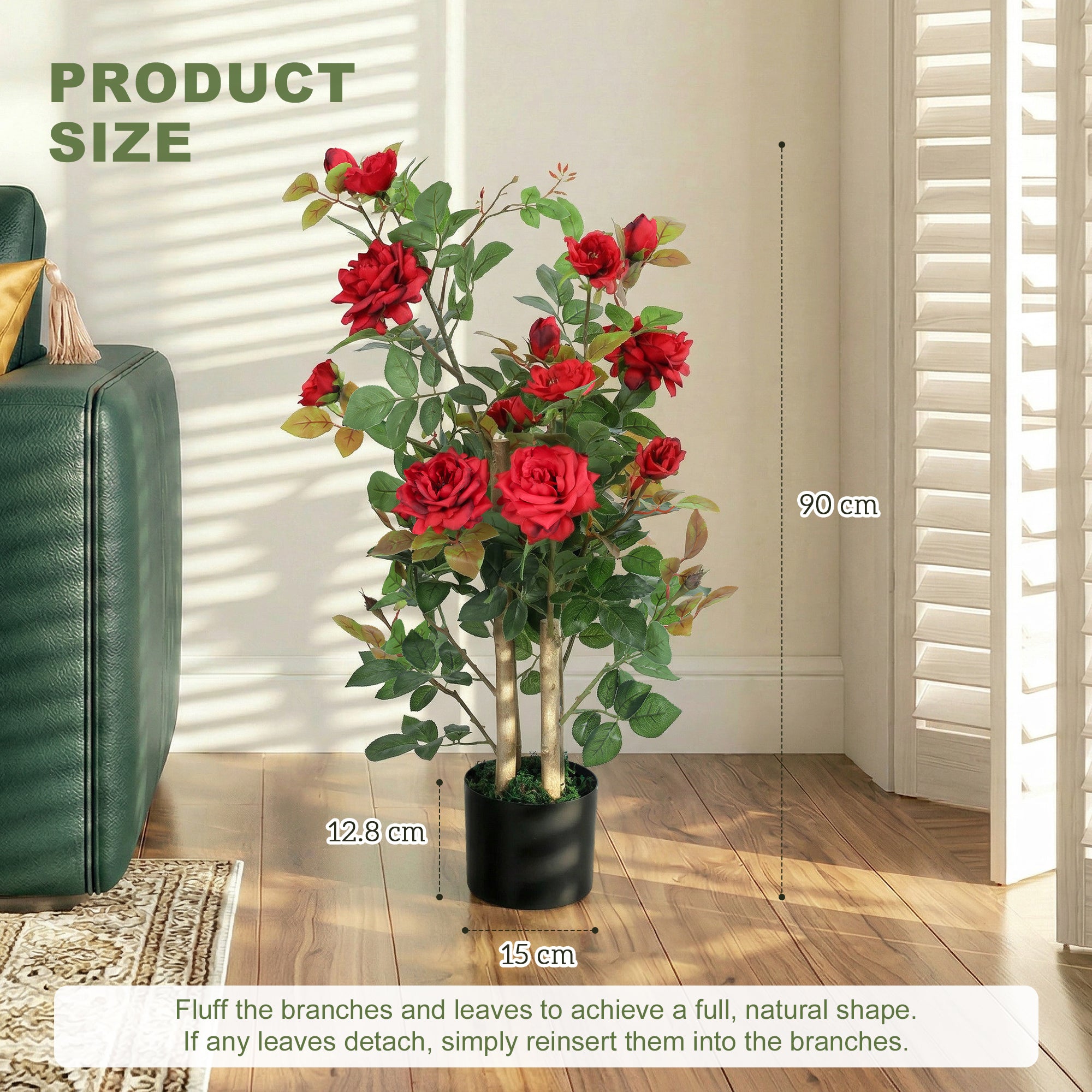 HOMCOM 90cm Artificial Rose Tree, Decorative Fake Plant with 344 Silk Leaves 17 Flowers for Outdoor Indoor Decor, Red 