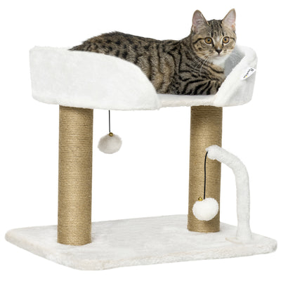 PawHut 42cm Indoor Cat Tree, with Toy Balls, Jute Scratching Post - White 