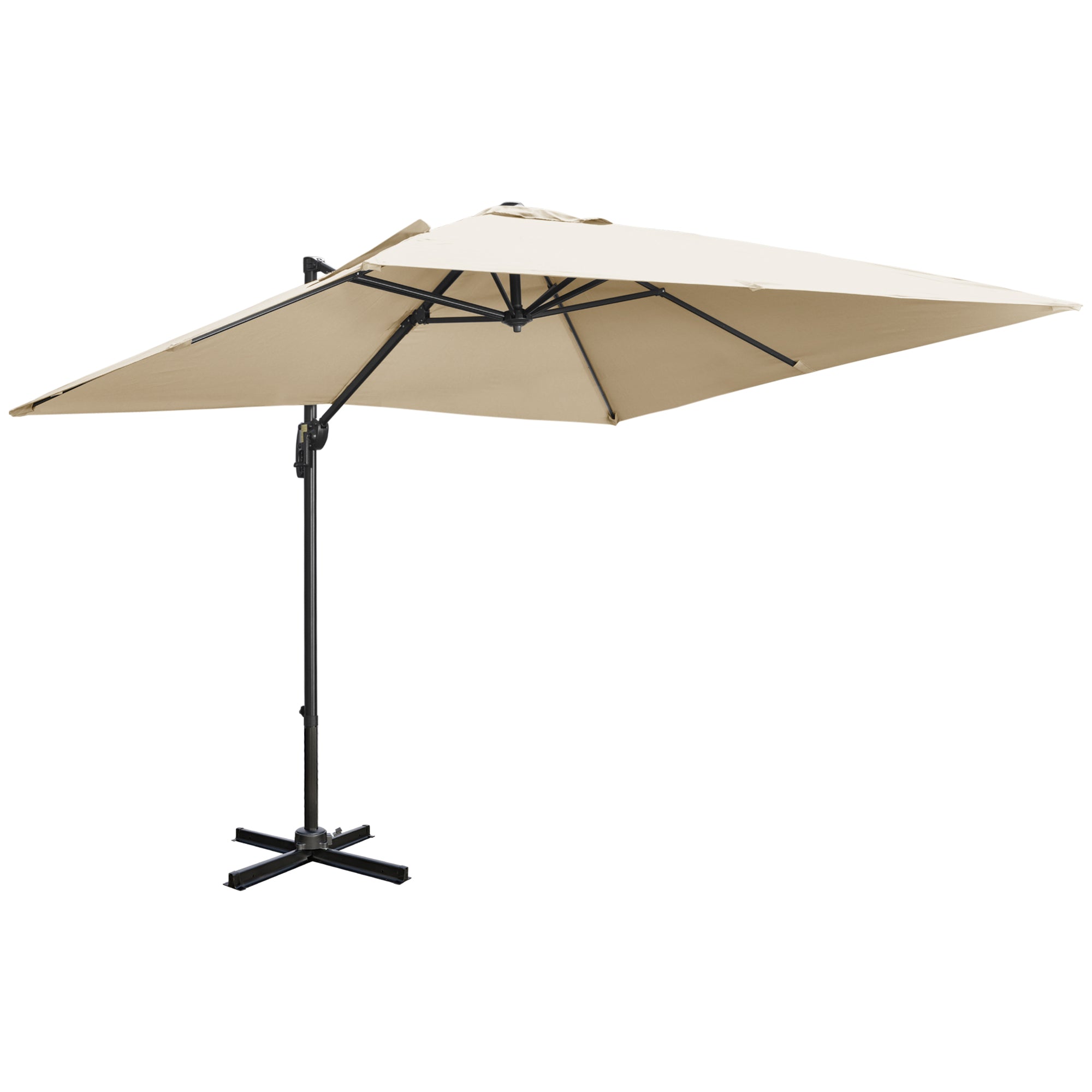 Outsunny 2.7 x 2.7 m Cantilever Parasol, Square Overhanging Umbrella with Cross Base, Crank Handle, Tilt, 360\'c2\'b0 Rotation and Aluminium Frame, Cream White 