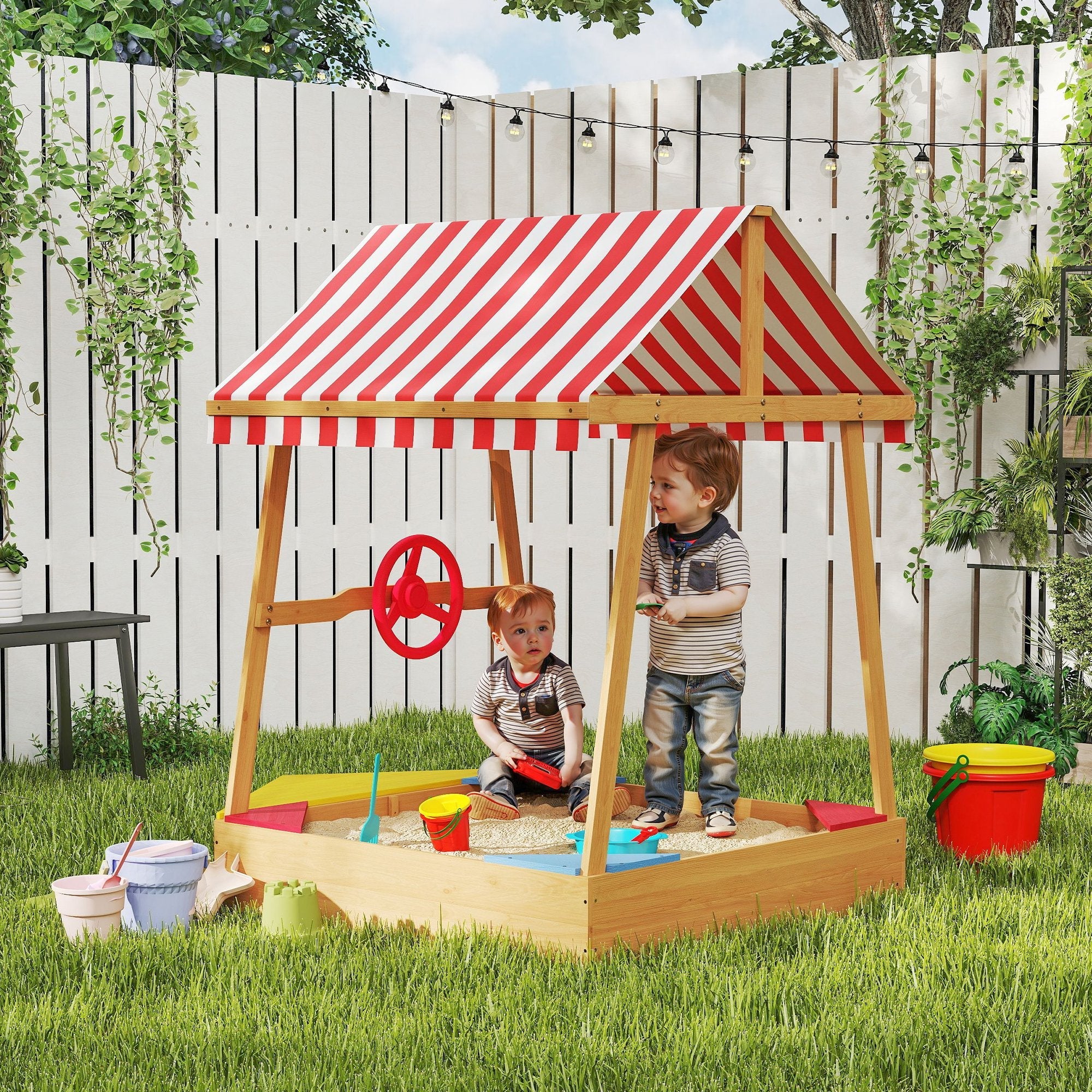 AIYAPLAY Wooden Kids Sandpit Boat Style with Canopy, 4 Seats, Rudder, Bottom Liner, for Children 3-8 Years, Yellow 