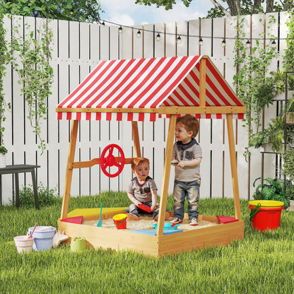 AIYAPLAY Wooden Kids Sandpit Boat Style with Canopy, 4 Seats, Rudder, Bottom Liner, for Children 3-8 Years, Yellow 