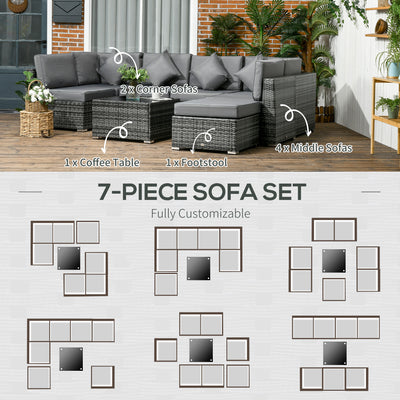 Outsunny 8 Pieces PE Rattan Corner Sofa Set, Outdoor Garden Furniture Set, Patio Wicker Sofa Seater w/ Cushion, Washable Cushion Cover & Tempered Glass Table, Grey 