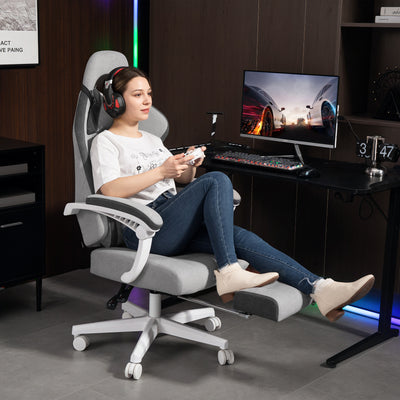 HOMCOM Ergonomic High Back Gaming Chair for Adults, Printed Velvet Computer Recliner Chair with Footrest, Lumbar Support, Adjustable Height and 360° Swivel Seat for Office or Gaming, Grey 
