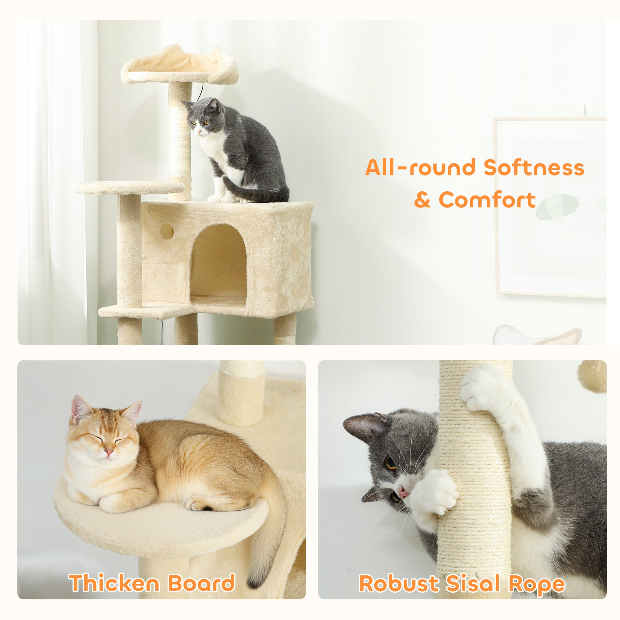 PawHut 140cm Large Cat Tree Tower with Sisal Scratching Posts, Plush Perches, Hammock, Beige 