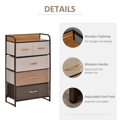 HOMCOM 5-Drawer Dresser Tower 3-Tier Storage Organizer with Steel Frame Wooden Top for Bedroom Hallway Closets 